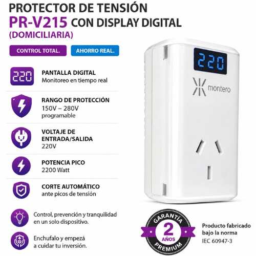 14_86 PROTECTOR DE TENSION MULTIUSO DIGITAL 2200W PR-V215 MONTERO - Imagen 1