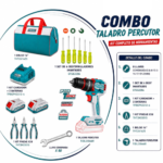 COMBO TALADRO PERCUTOR 20V 2000RPM 66NM + BOLSO + HERRAMIENTAS TOTAL